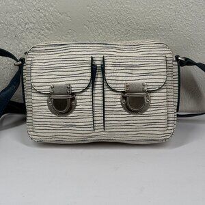 Fossil Riley Crossbody Bag Stripe Print Leather Navy White Adjustable Strap